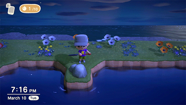 Animal Crossing character breaks a rock on a tiny peninsula
