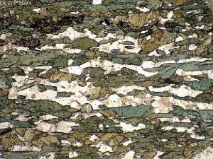 Amphibolite in thin section shows green crystals