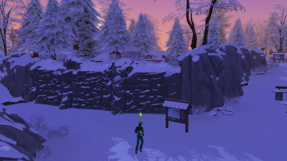 Sims 4 beginner rock climbing wall on Mt. Komorebi with a Sim preparing to climb, illustrating the first step in developing the rock climbing skill