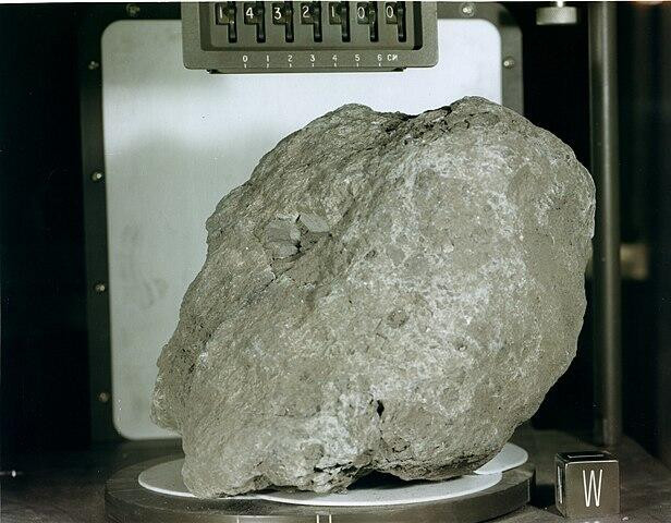 Big Bertha in the Lunar Sample Laboratory Facility. Within this rock is an Earth meteorite (lunar sample 14321,1027) that is 4 billion years old.