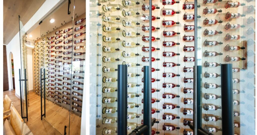 Climate-controlled wine cellar with a chevron accent wall using 'Laguna' White Oak Engineered Hardwood.