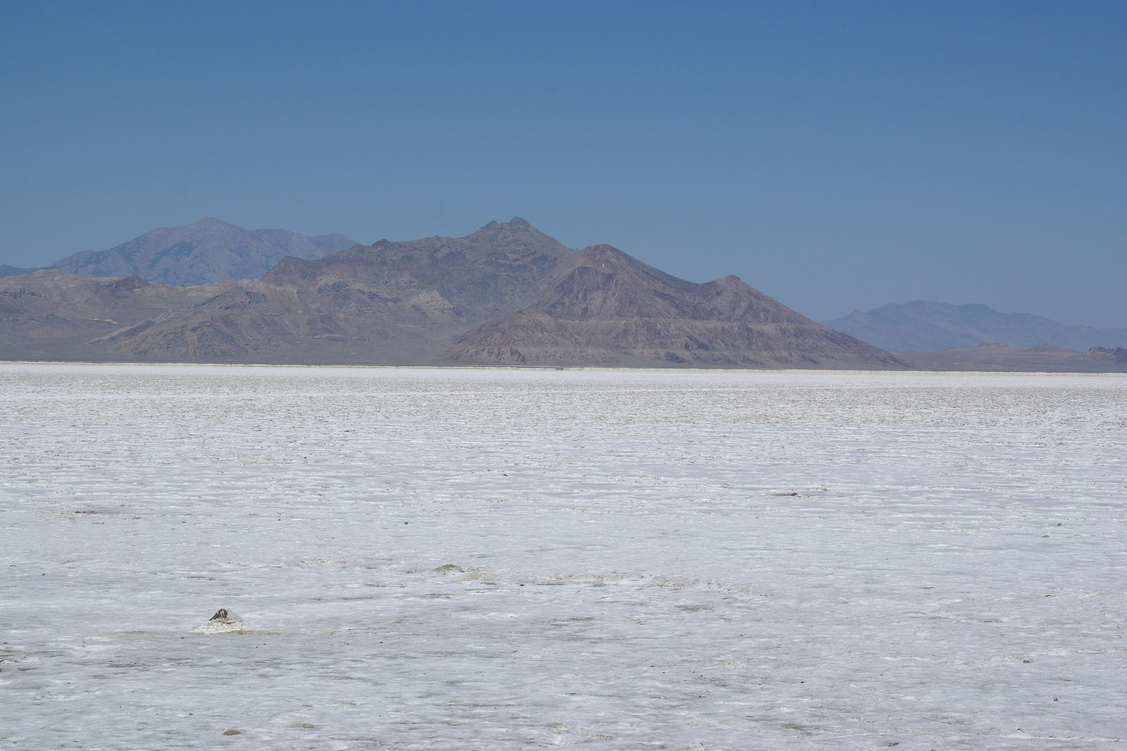 The ground is white and flat across the landscape