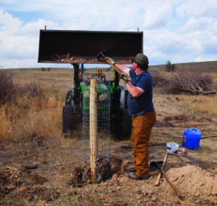 Selecting rocks from a backhoe for constructing the rock fence post, showcasing the blend of manual labor and machinery