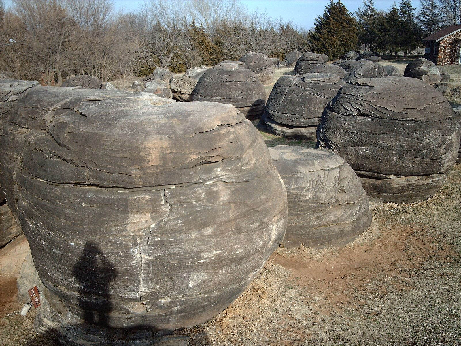 Spherical boulders at Rock City in Kansas, some reaching nearly 30 feet in diameter