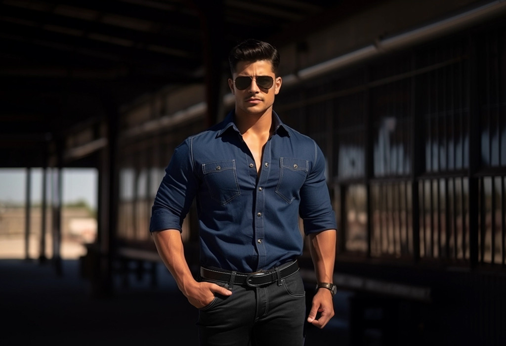 Man wearing a denim shirt with black jeans, creating a stylish contrast