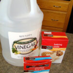 Dissolving rocks experiment setup with baking soda rocks and vinegar