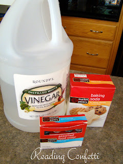 Dissolving rocks experiment setup with baking soda rocks and vinegar