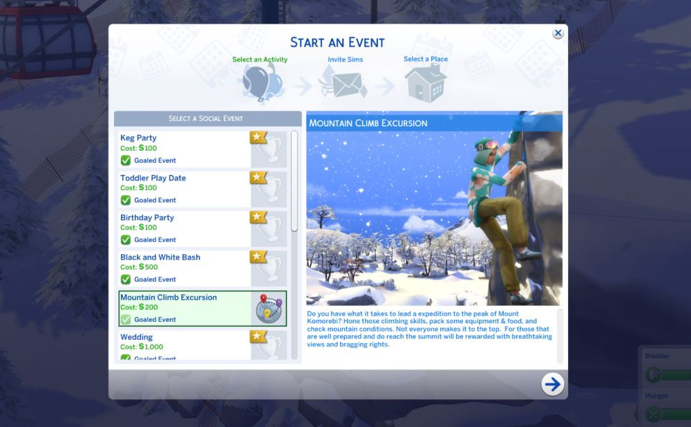 Sims 4 character reaching the summit after a successful rock climbing excursion, showing the rewarding experience of climbing Mt. Komorebi