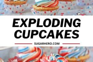 Ingredients for baking a cake, including flour, sugar, eggs, and baking powder, alongside a packet of Pop Rocks.