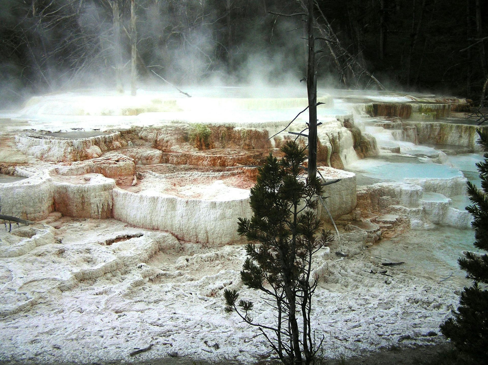 White rock terraces around a vent in the earth