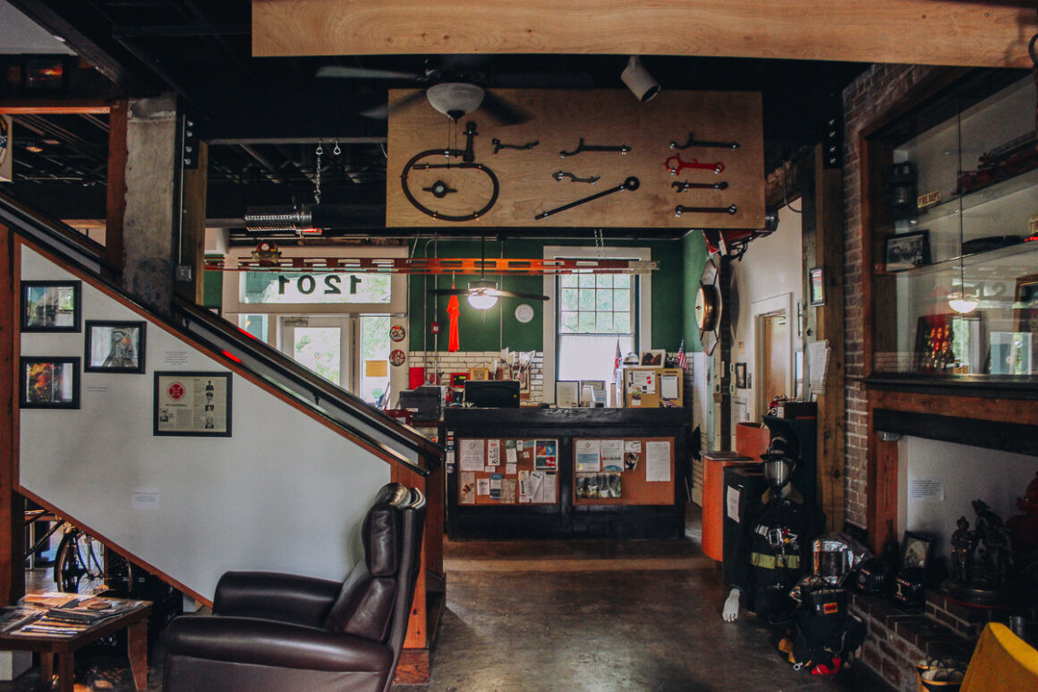 Interior of the Firehouse Hostel in Little Rock, with firehouse memorabilia on display