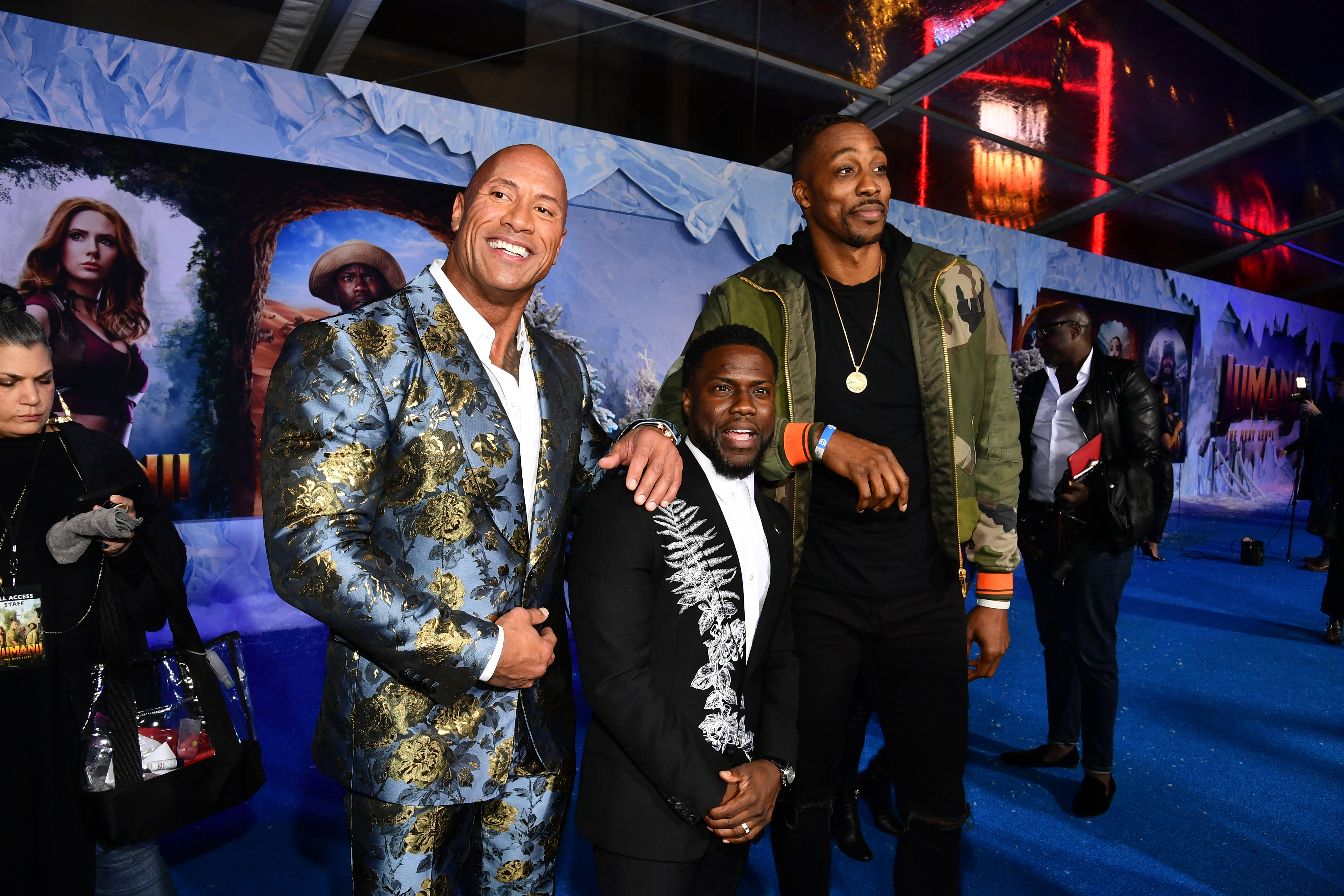 Dwayne Johnson, Kevin Hart and Dwight Howard at the premiere for “Jumanji.”