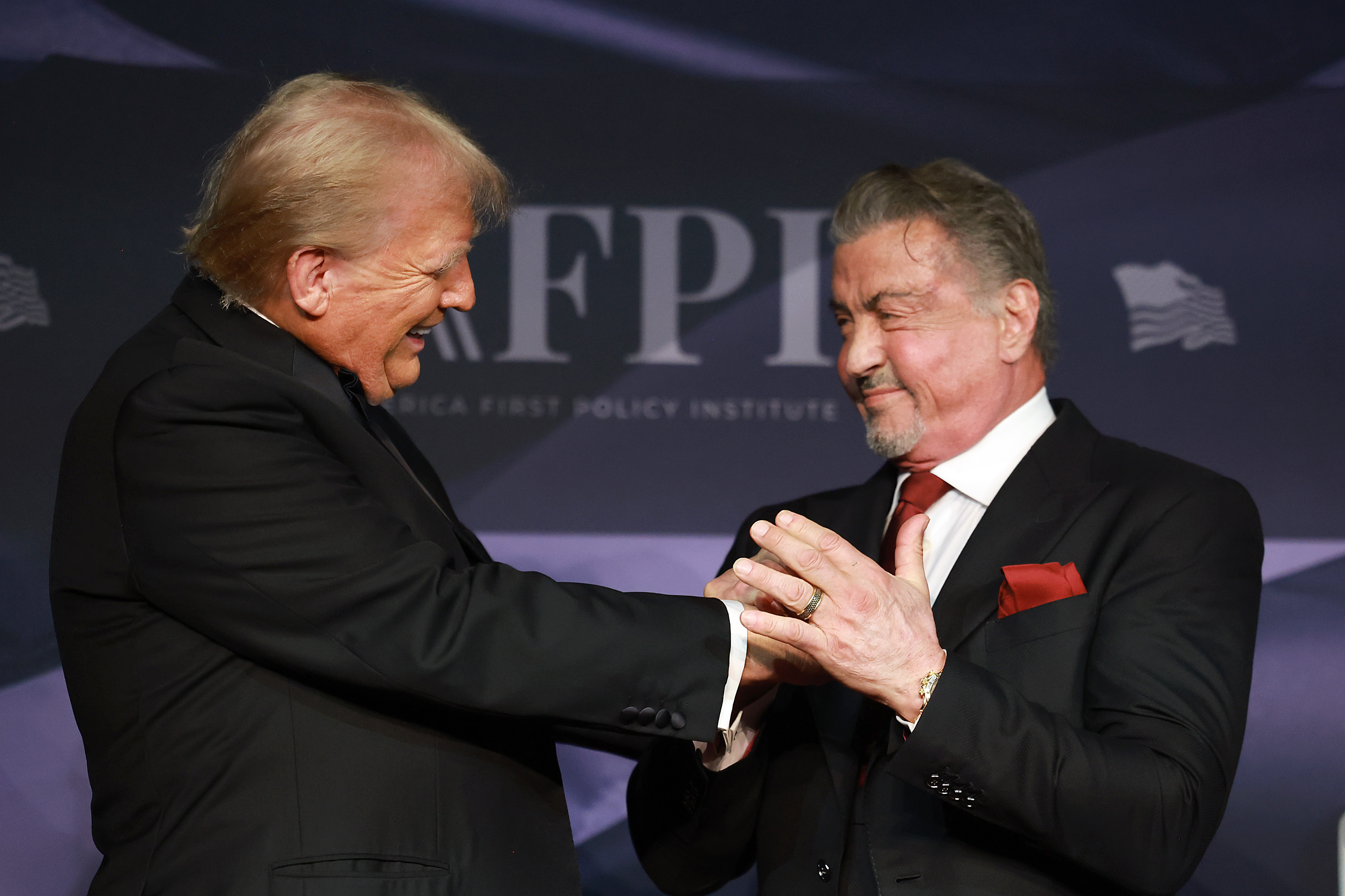 Donald Trump and Sylvester Stallone at the America First Policy Institute Gala