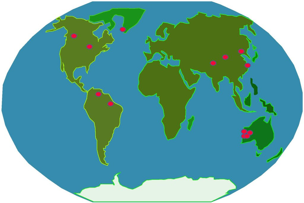 Global distribution of Hadean age zircon discovery sites.