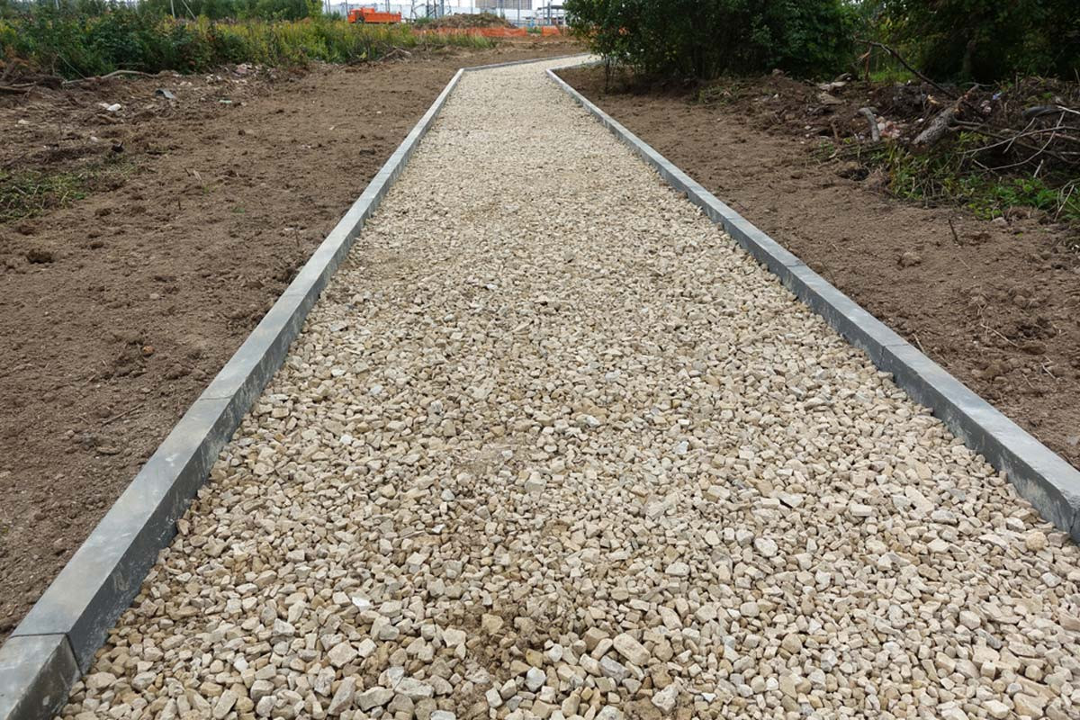 Gravel walkway and path construction with metal edging