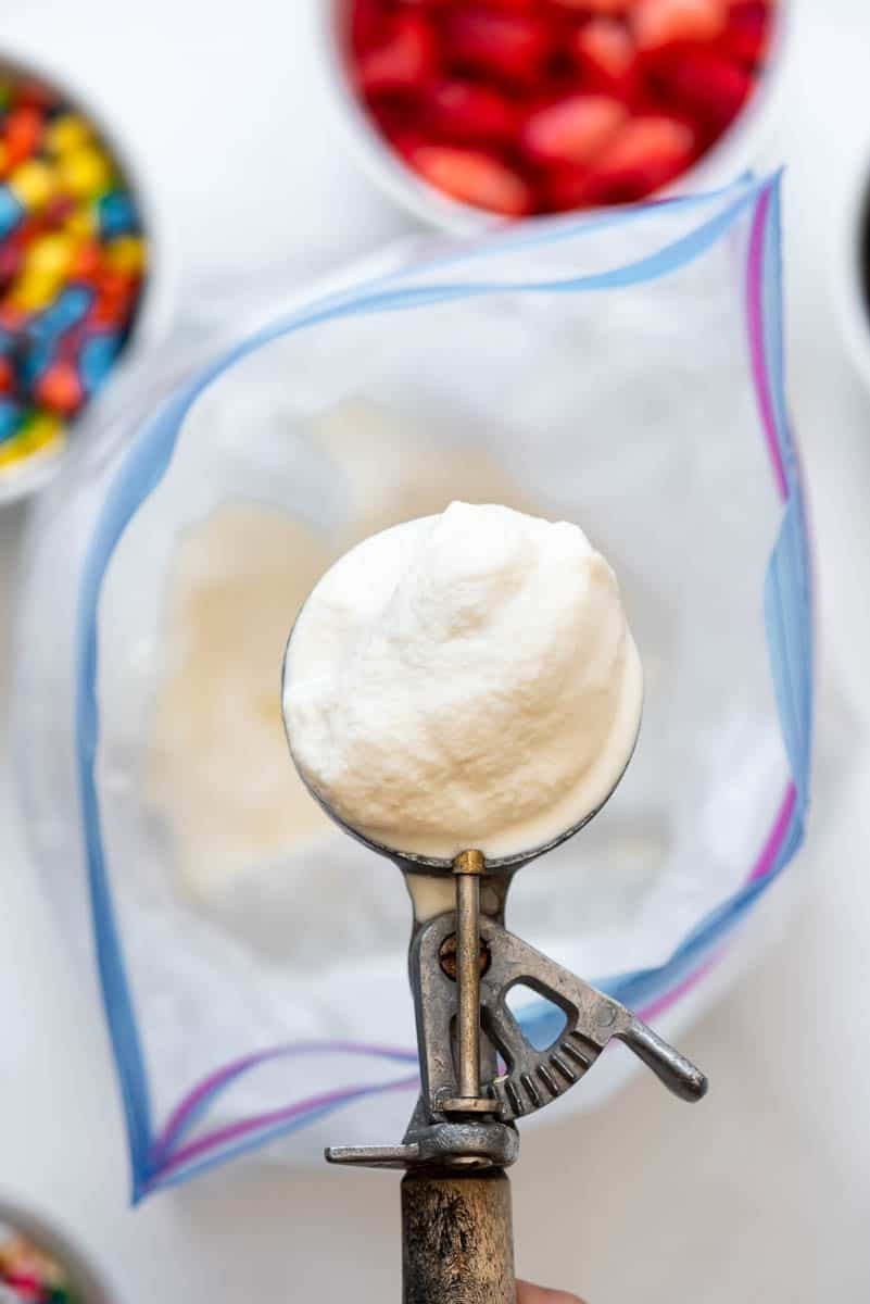 homemade vanilla ice cream made in a bag with rock salt and ice