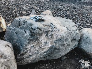 Metal house numbers mounted on a natural rock, creating a modern address display