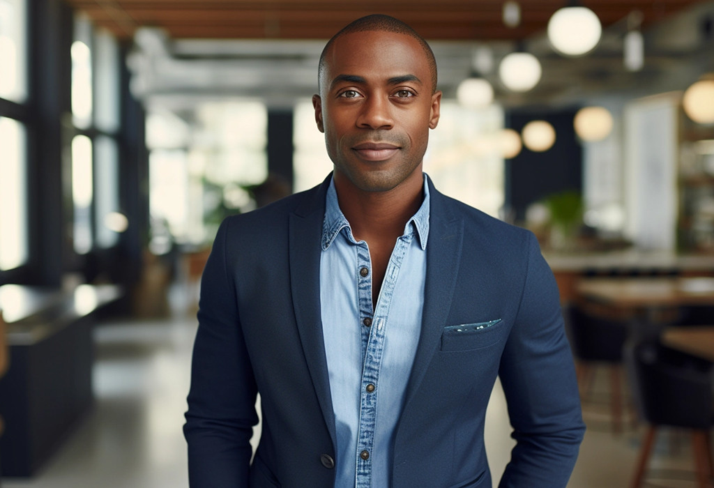 Man wearing a denim shirt with a suit jacket, showcasing a smart casual look