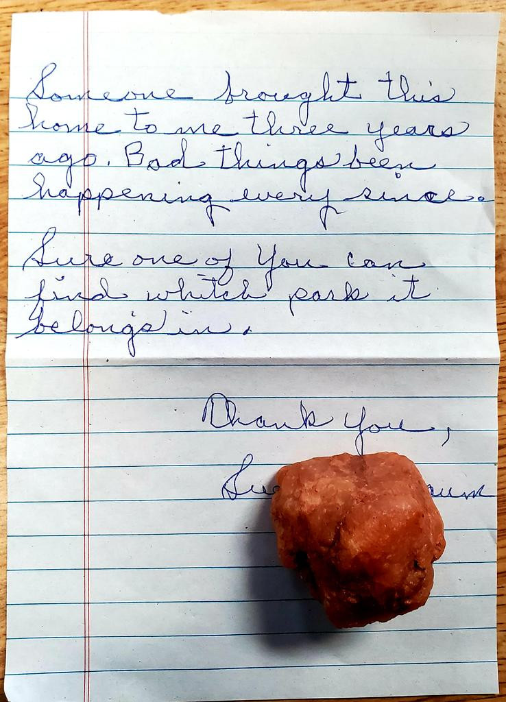Anonymous sender returning a rock to Colorado Parks and Wildlife, citing bad luck