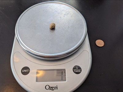 A single pebble on a scale, showing a weight of approximately 1 gram