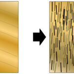 Figure 7.6 The textural effects of squeezing and aligned mineral growth during metamorphism. The left-hand diagram represents shale with bedding in the direction shown. The right-hand diagram represents schist (derived from that shale), with the mica crystals orientated perpendicular to the main stress direction and the original bedding no longer easily visible. [SE]