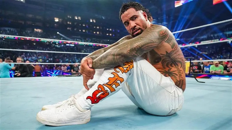 The Rock standing triumphantly in the ring, showcasing his charisma and athleticism