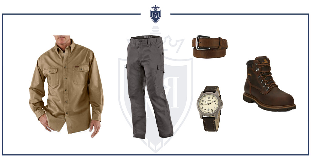 Denim shirt paired with Carhartt shirt, work boots, and a belt for an outdoor workwear look