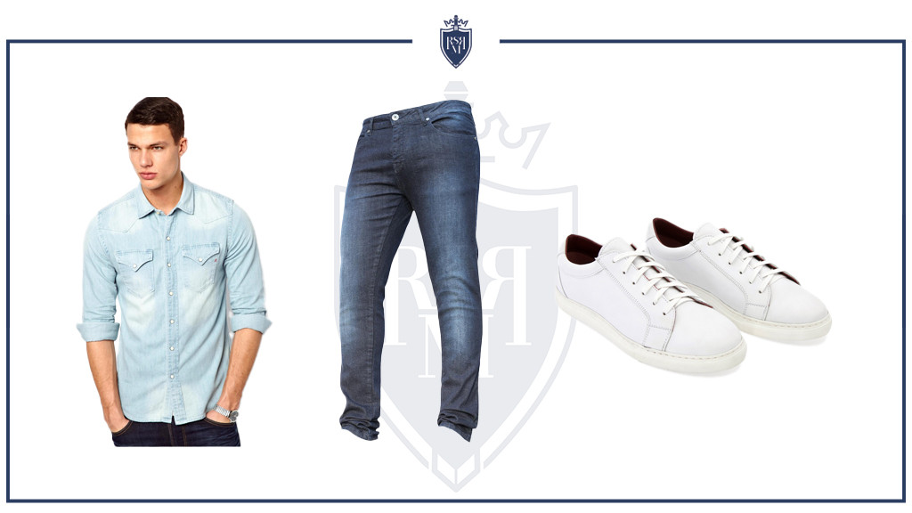Double denim outfit with a lighter wash shirt and darker wash jeans