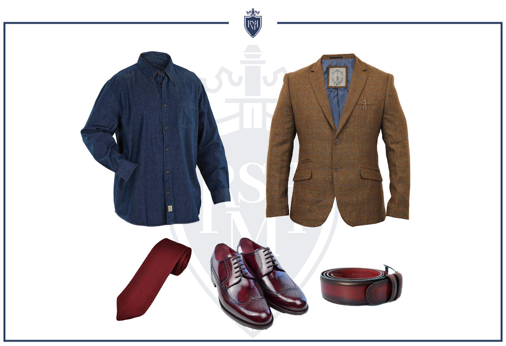 Denim shirt combined with a tweed jacket for a stylish outfit