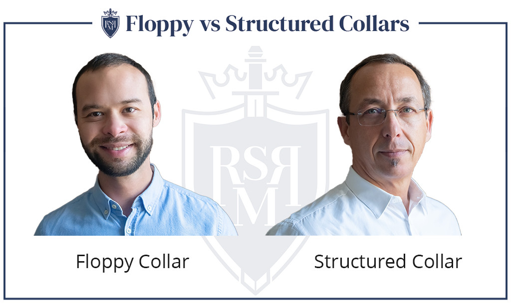 Comparison of floppy and structured collars on denim shirts