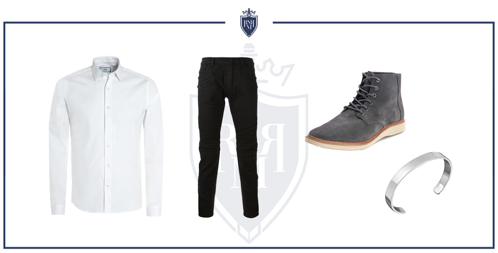 Chambray shirt paired with black jeans, leather sneakers, and a watch for a smart-casual outfit