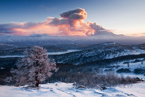 Russia’s Kizimen Volcano vents ash and volcanic gases.