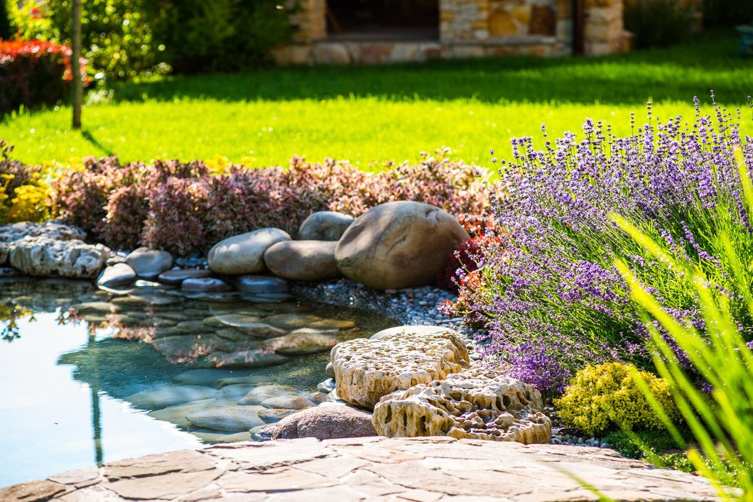 Beautiful Backyard With Tranquil Landscaping Rock Pond 