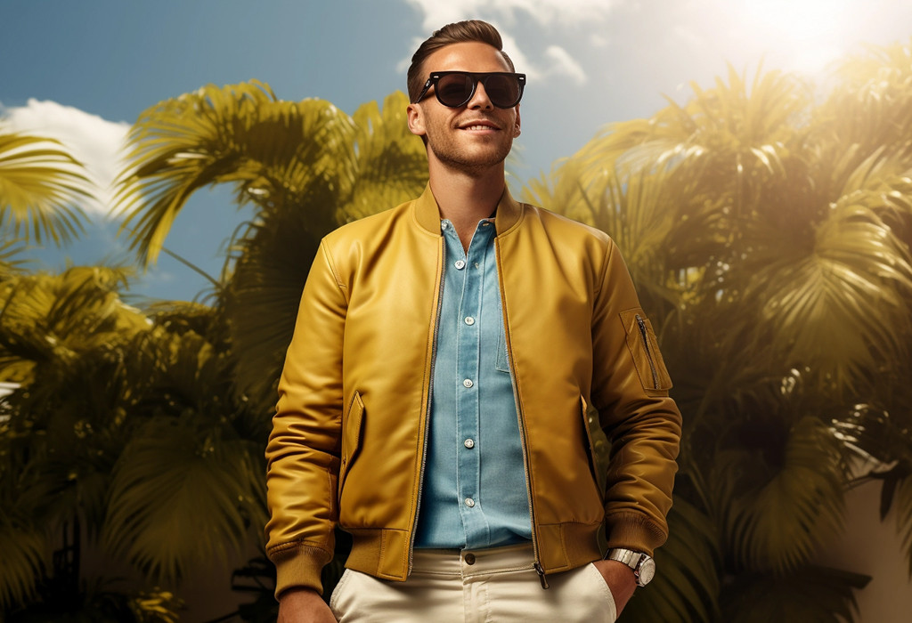 Man wearing a denim shirt under a casual bomber jacket, creating a layered look