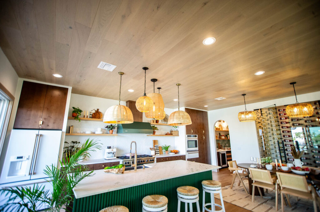 Coastal-inspired kitchen ceiling using AHF Products Coastide Collection by Lyndsay and Leslie for Rock the Block.