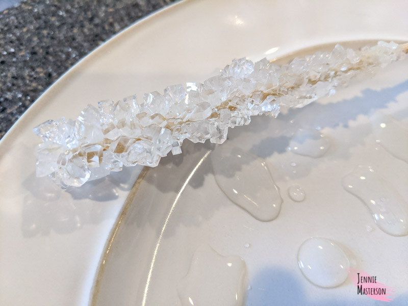 rocky candy stick drying on a plate