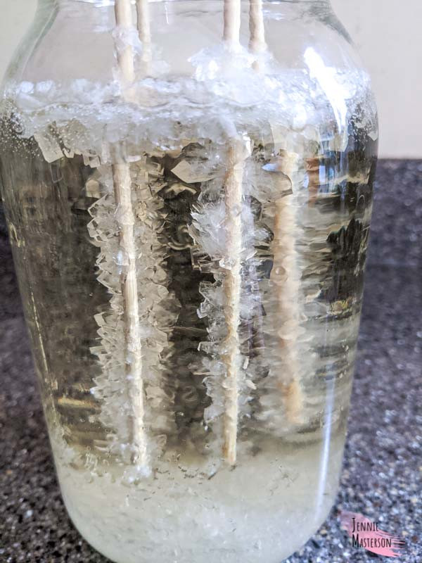 Rock candy growing in the mason jar