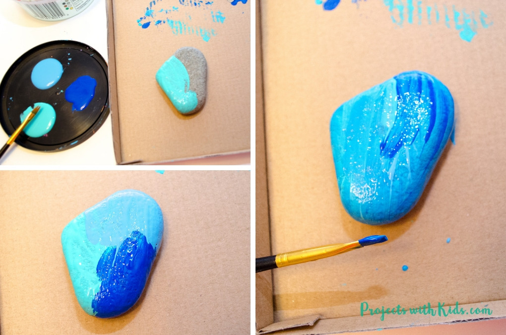 Mermaid rock art progression, showing the initial sketch, base coat, details, and finished product.