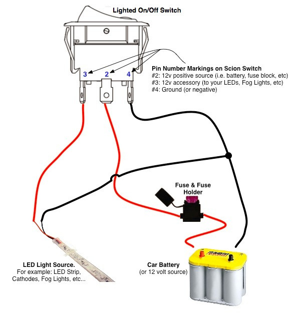 Wiring diagram for a Scion OEM style rocker switch, emphasizing attention to pin markings