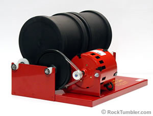 Rotary rock tumbler, showcasing a Thumler's A-R2 with two three-pound barrels, commonly used for transforming rough rocks into polished stones.