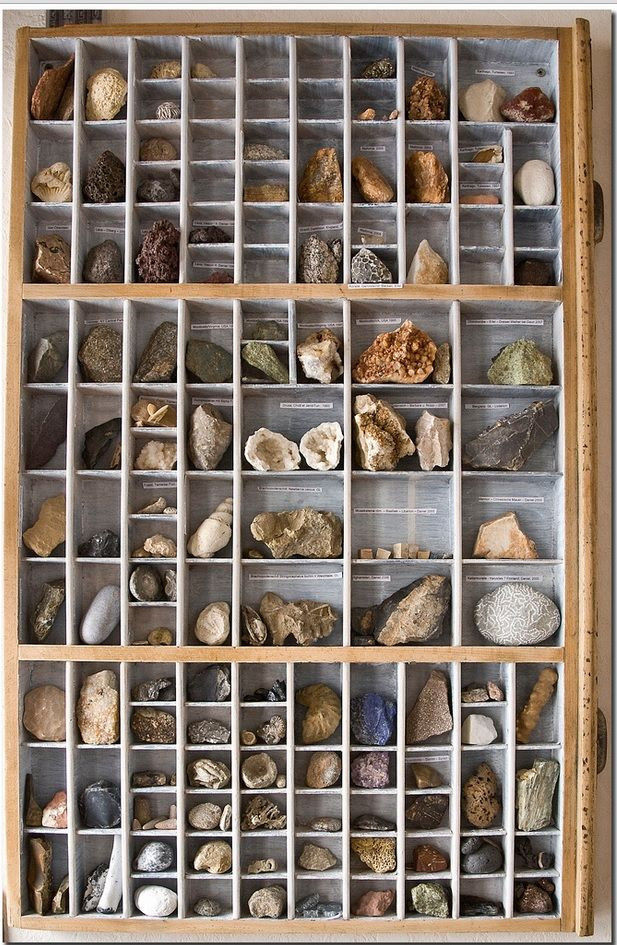 Minerals and rocks arranged in an antique typesetter letter tray