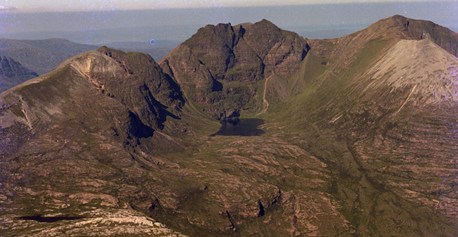 Oblique aerial view of the east flank of An Teallach, Ross and Cromarty