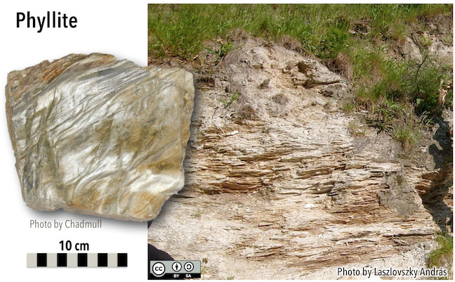 Phyllite hand sample showing a satin texture