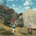A trainer throwing a pokemon at a large rock formation in the Hisui region, showcasing the rock breaking mechanic in Pokemon Legends: Arceus