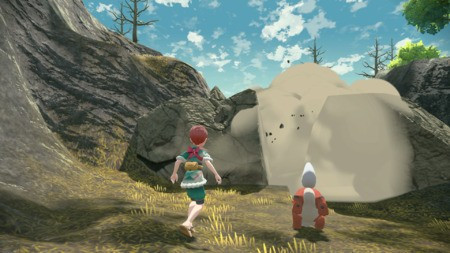 A trainer throwing a pokemon at a large rock formation in the Hisui region, showcasing the rock breaking mechanic in Pokemon Legends: Arceus