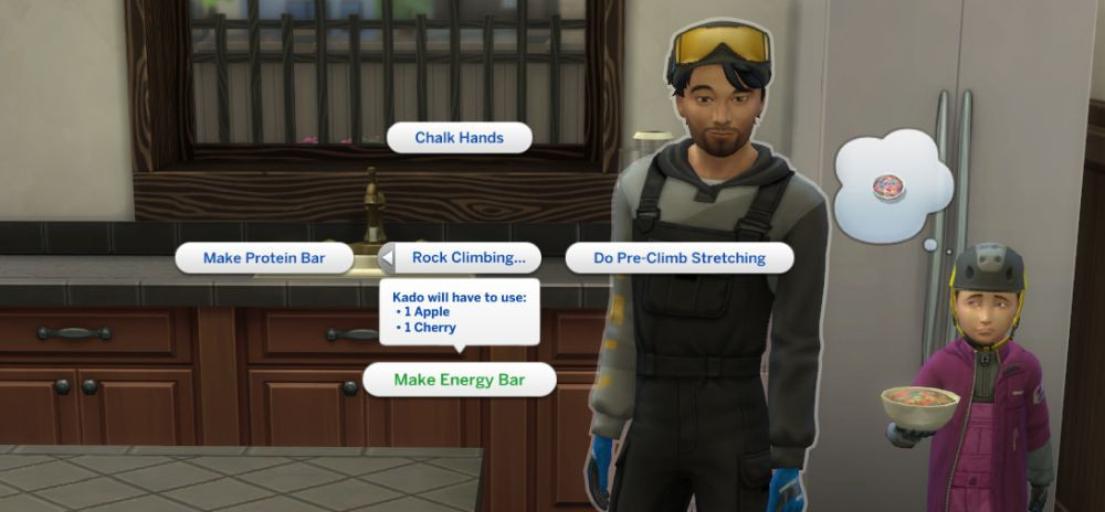 Sims 4 Sim making protein and energy bars, highlighting the importance of nutrition for successful mountain climbing expeditions