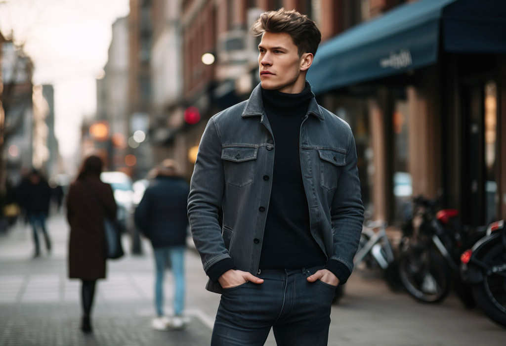 Denim shirt jacket worn as an overshirt for layering