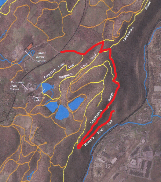 Raven Rock route from Bedford Road entrance marked in red on the map, highlighting the turns and distances along the trail