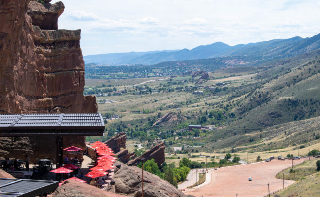 Outdoor patio of the Ship Rock Grille at Red Rocks Amphitheater with stunning views