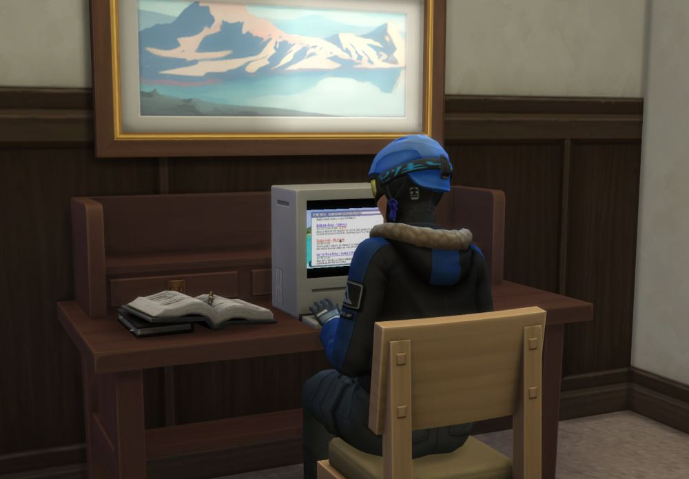 Sims 4 character researching rock climbing techniques on a computer to ensure safe climbing, illustrating the importance of preparation and safety in rock climbing